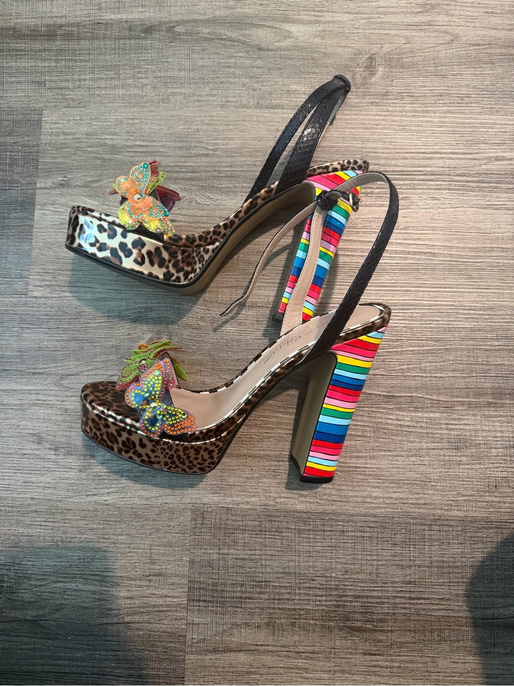 Betsey Johnson Leopard Platform Sandals with Rainbow Stripe Heel and Butterfly